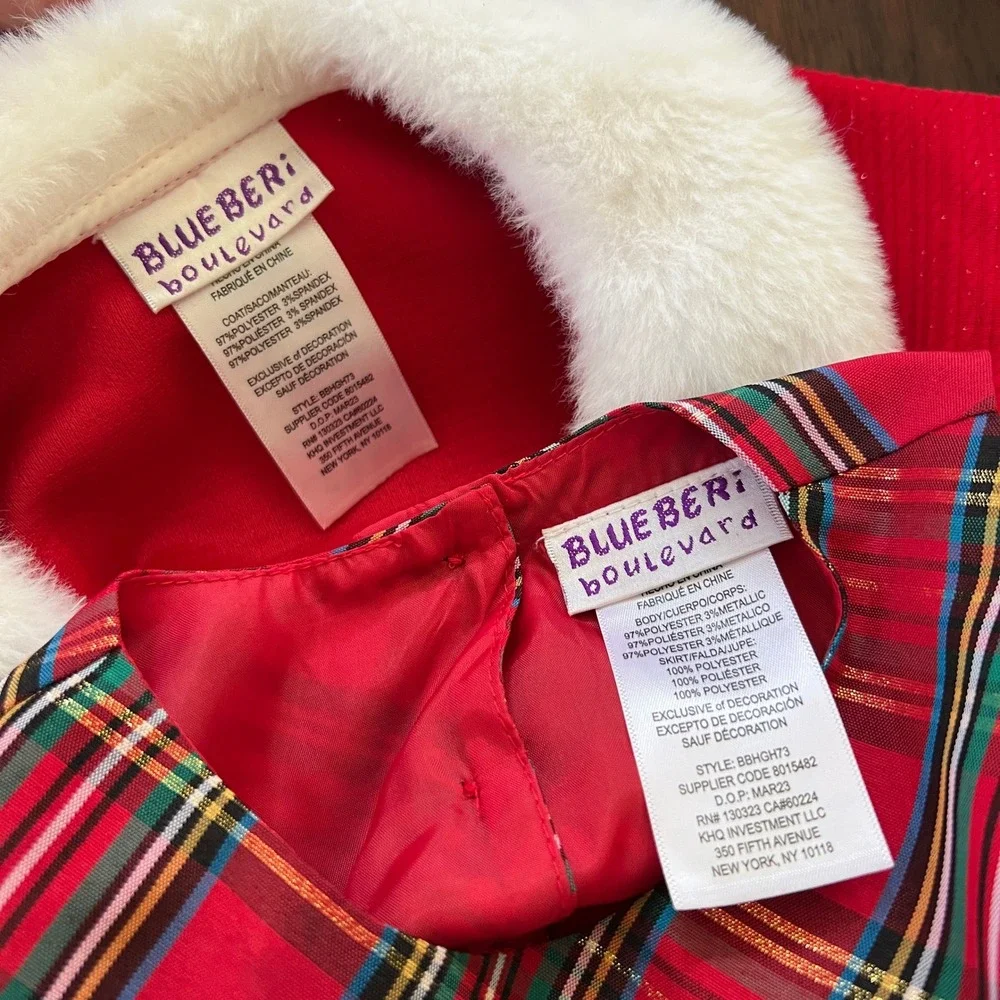 Blueberi Boulevard Baby 18M Christmas Plaid Dress Red Faux Fur Coat Holiday Set